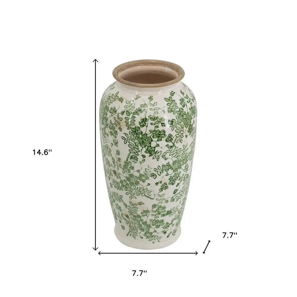 15" Green and White Leaf Trumpet Ceramic Table Vase With Does Not Apply - NOBLE HOME INTERIORS