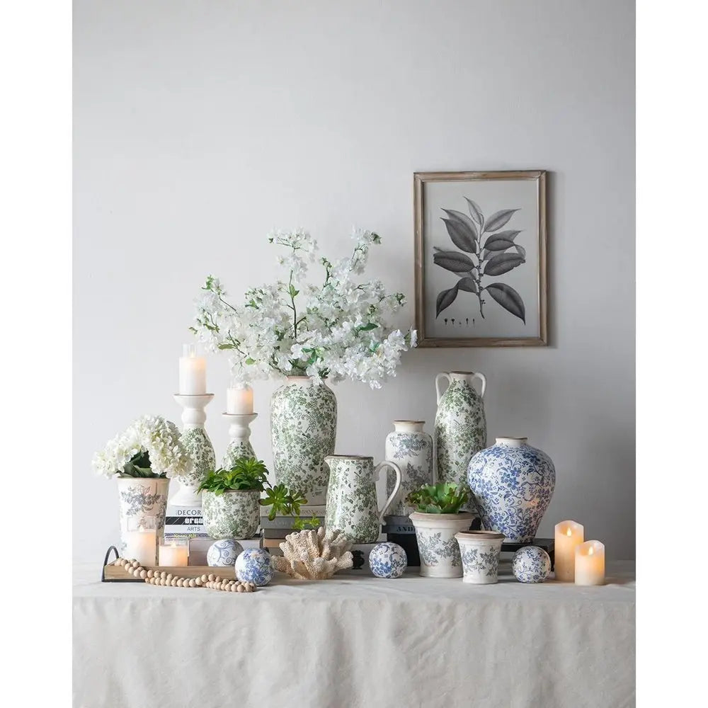 15" Green and White Leaf Trumpet Ceramic Table Vase With Does Not Apply - NOBLE HOME INTERIORS