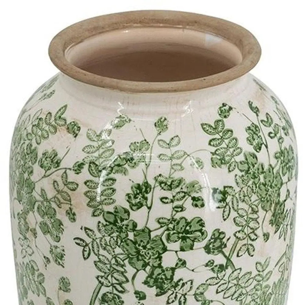 15" Green and White Leaf Trumpet Ceramic Table Vase With Does Not Apply - NOBLE HOME INTERIORS
