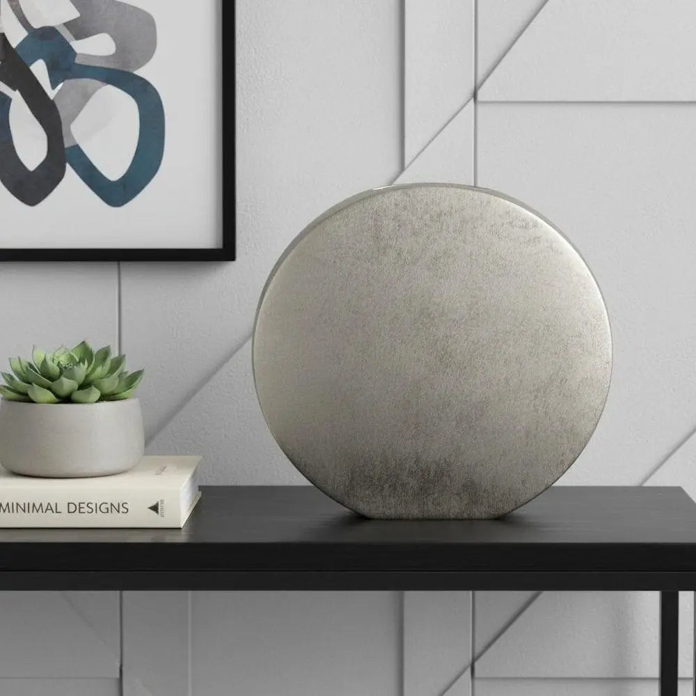 15" Silver Aluminum Round Disc Table Vase - NOBLE HOME INTERIORS