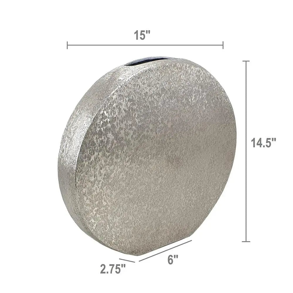 15" Silver Aluminum Round Disc Table Vase - NOBLE HOME INTERIORS