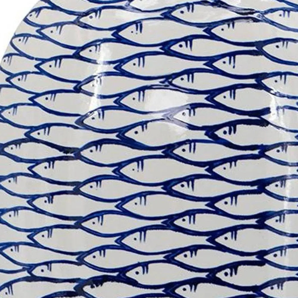 16" Blue And White Fish Print Oval Ceramic Table Vase - NOBLE HOME INTERIORS