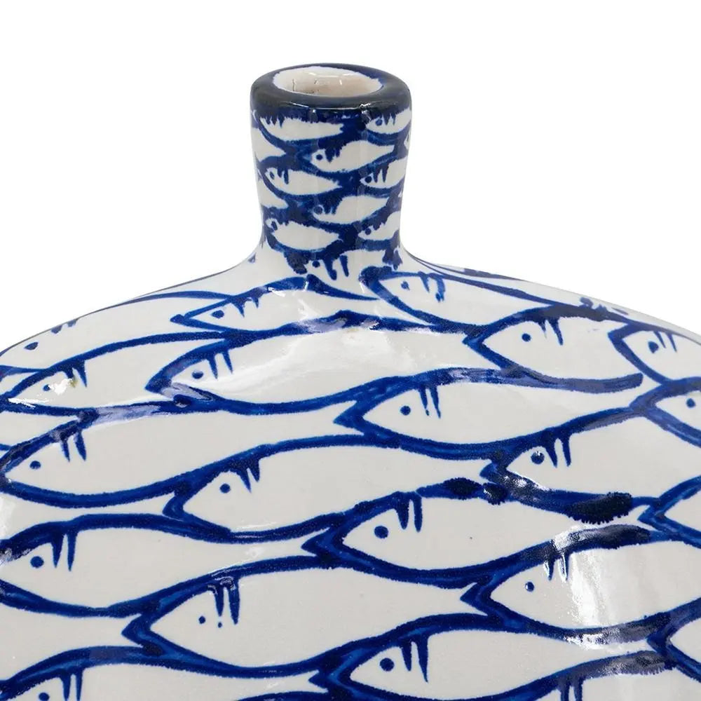 16" Blue And White Fish Print Oval Ceramic Table Vase - NOBLE HOME INTERIORS