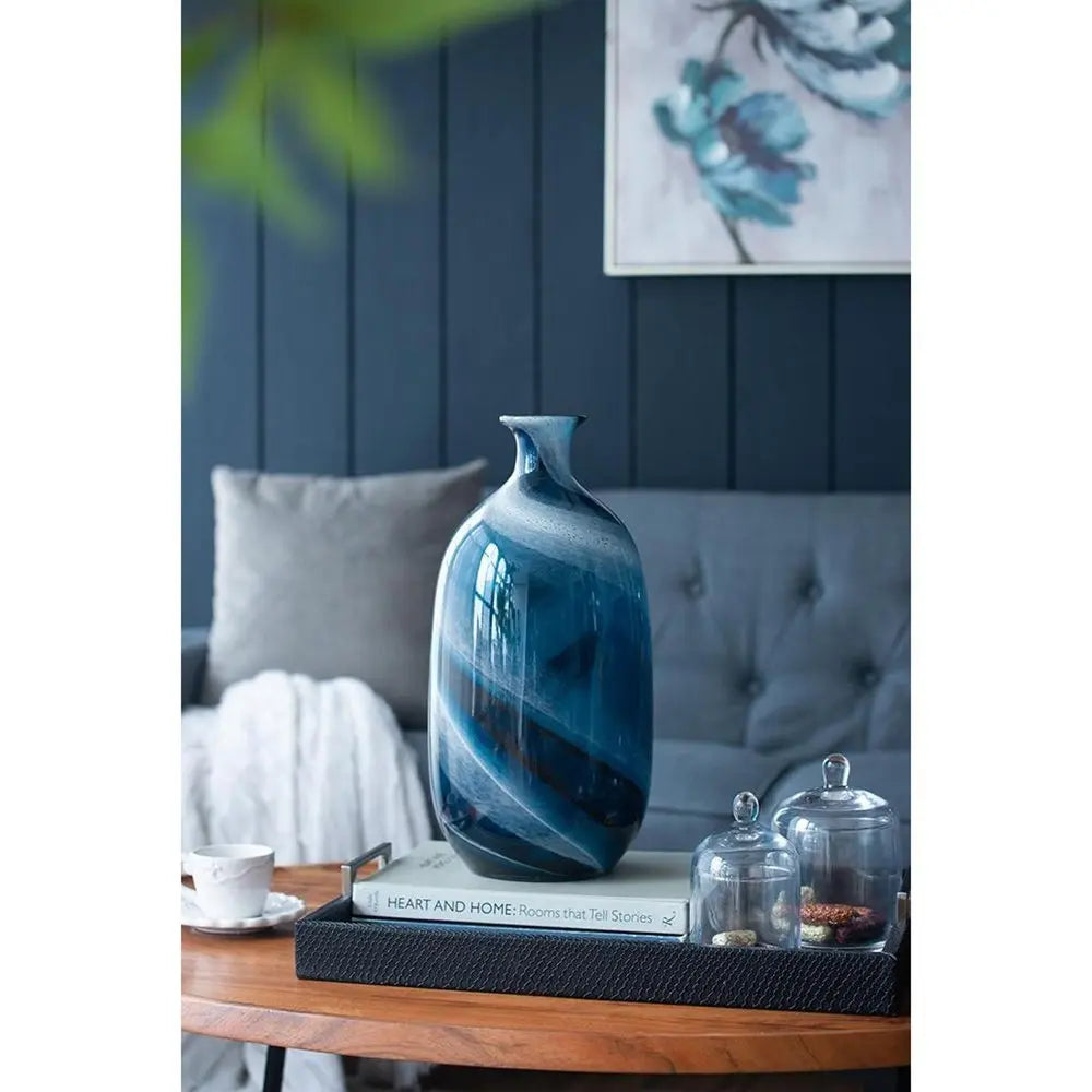 16" Blue And White Striped Swirl Art Glass Table Vase - NOBLE HOME INTERIORS