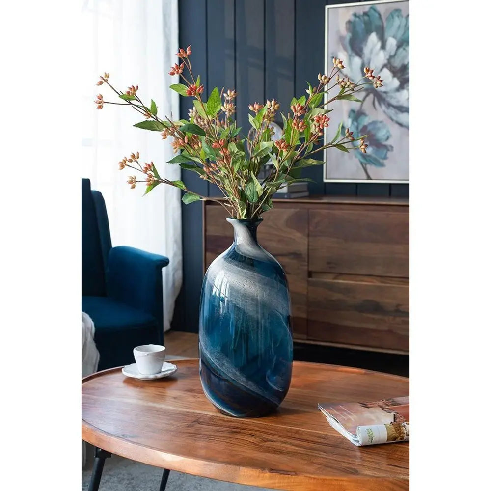 16" Blue And White Striped Swirl Art Glass Table Vase - NOBLE HOME INTERIORS