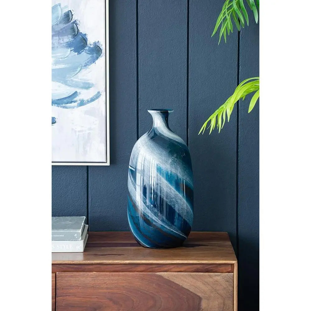 16" Blue And White Striped Swirl Art Glass Table Vase - NOBLE HOME INTERIORS