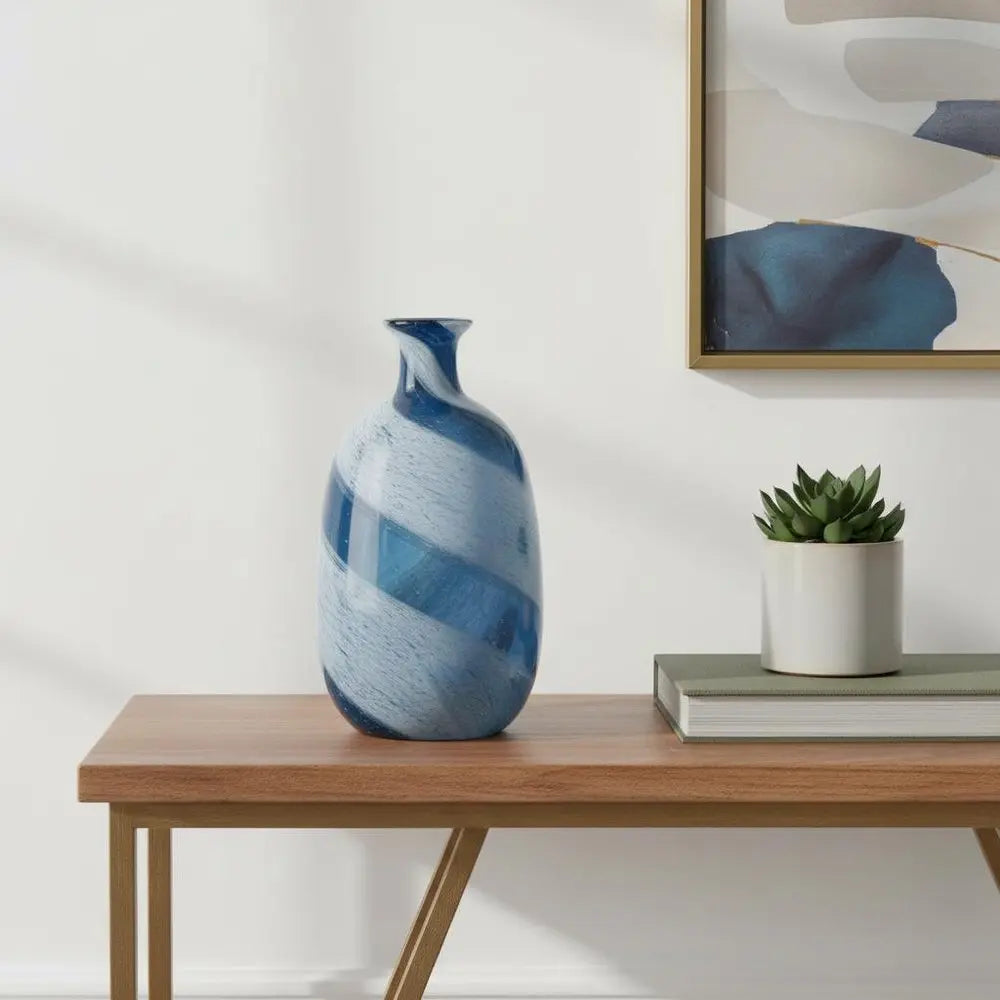 16" Blue And White Striped Swirl Art Glass Table Vase - NOBLE HOME INTERIORS