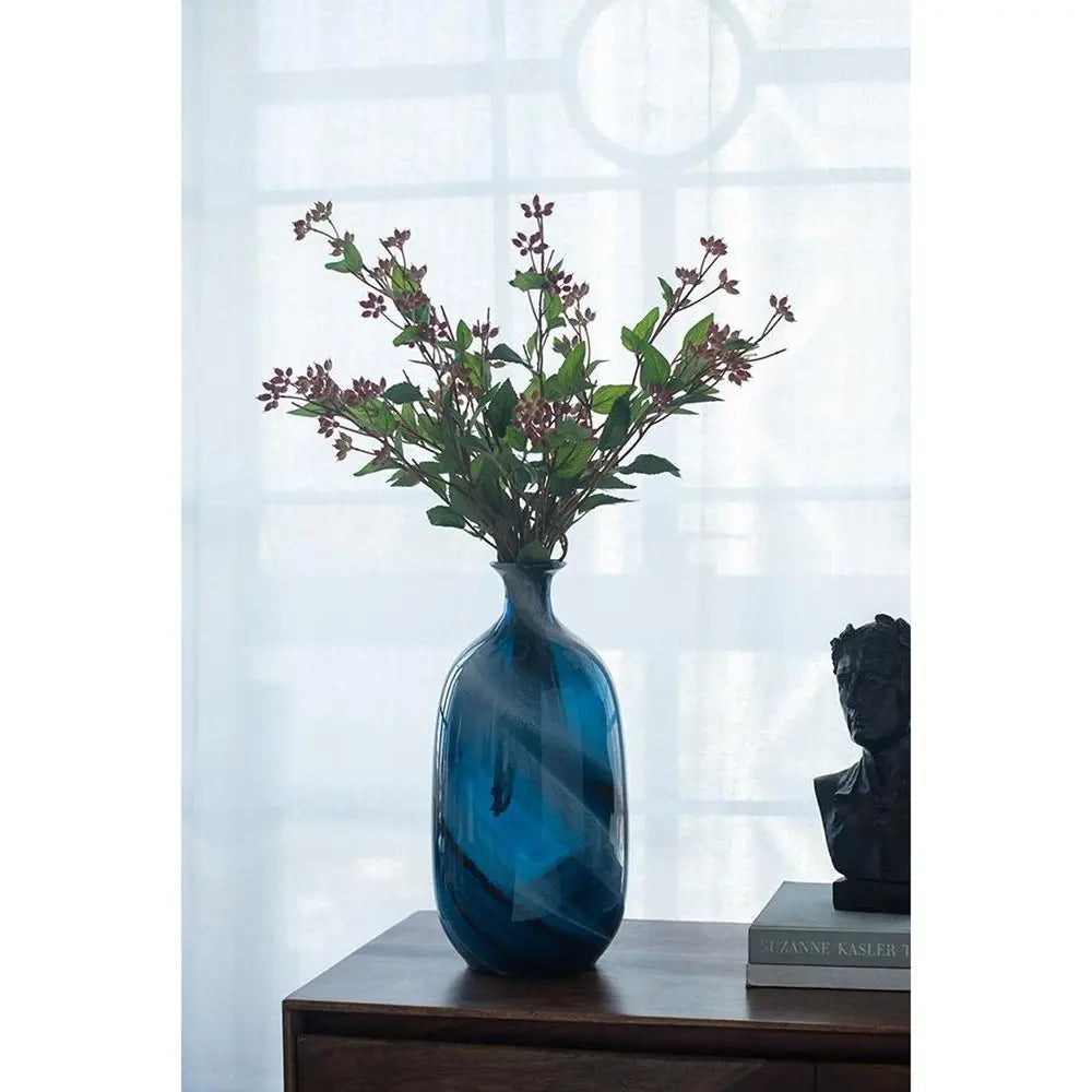 16" Blue And White Striped Swirl Art Glass Table Vase - NOBLE HOME INTERIORS