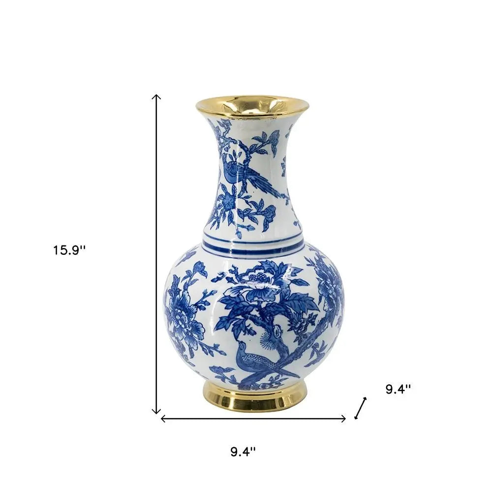 16" Blue White And Gold Chinoiserie Floral Porcelain Table Vase - NOBLE HOME INTERIORS