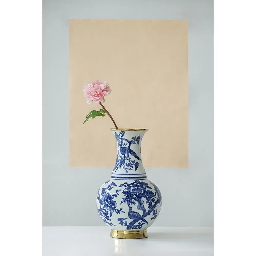 16" Blue White And Gold Chinoiserie Floral Porcelain Table Vase - NOBLE HOME INTERIORS