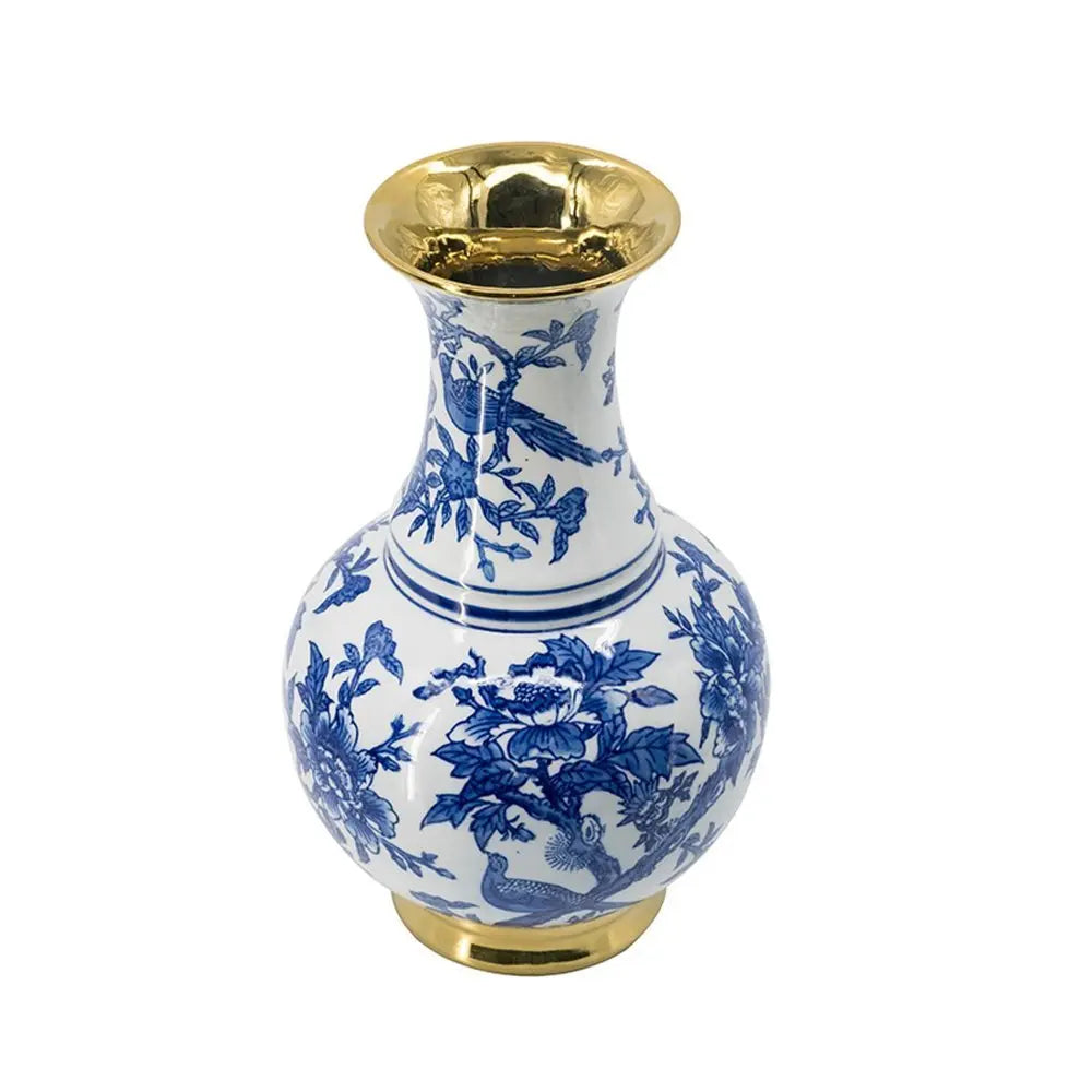 16" Blue White And Gold Chinoiserie Floral Porcelain Table Vase - NOBLE HOME INTERIORS