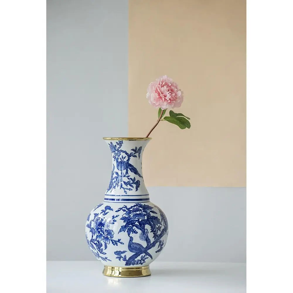 16" Blue White And Gold Chinoiserie Floral Porcelain Table Vase - NOBLE HOME INTERIORS