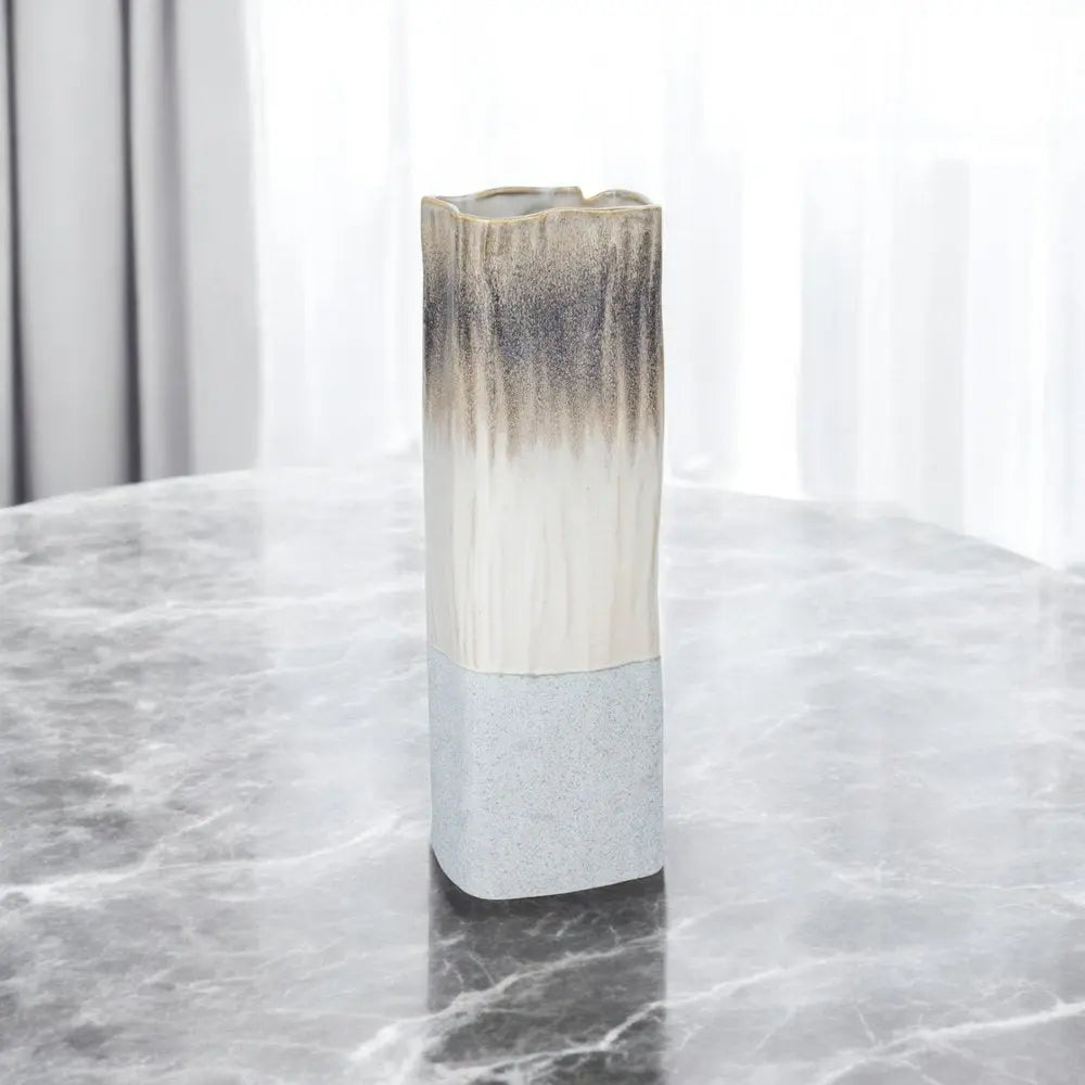 16" Brown Light Blue And Off White Color Block Square Ceramic Table Vase - NOBLE HOME INTERIORS