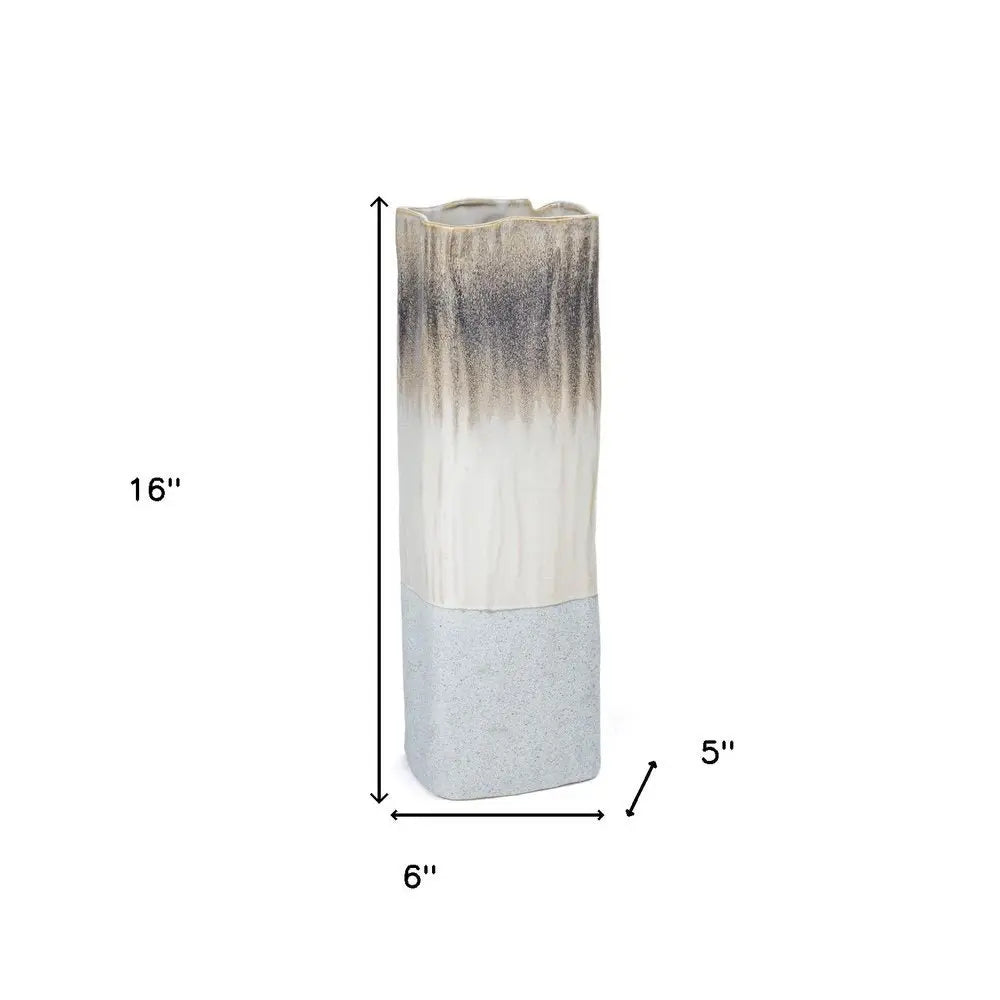 16" Brown Light Blue And Off White Color Block Square Ceramic Table Vase - NOBLE HOME INTERIORS