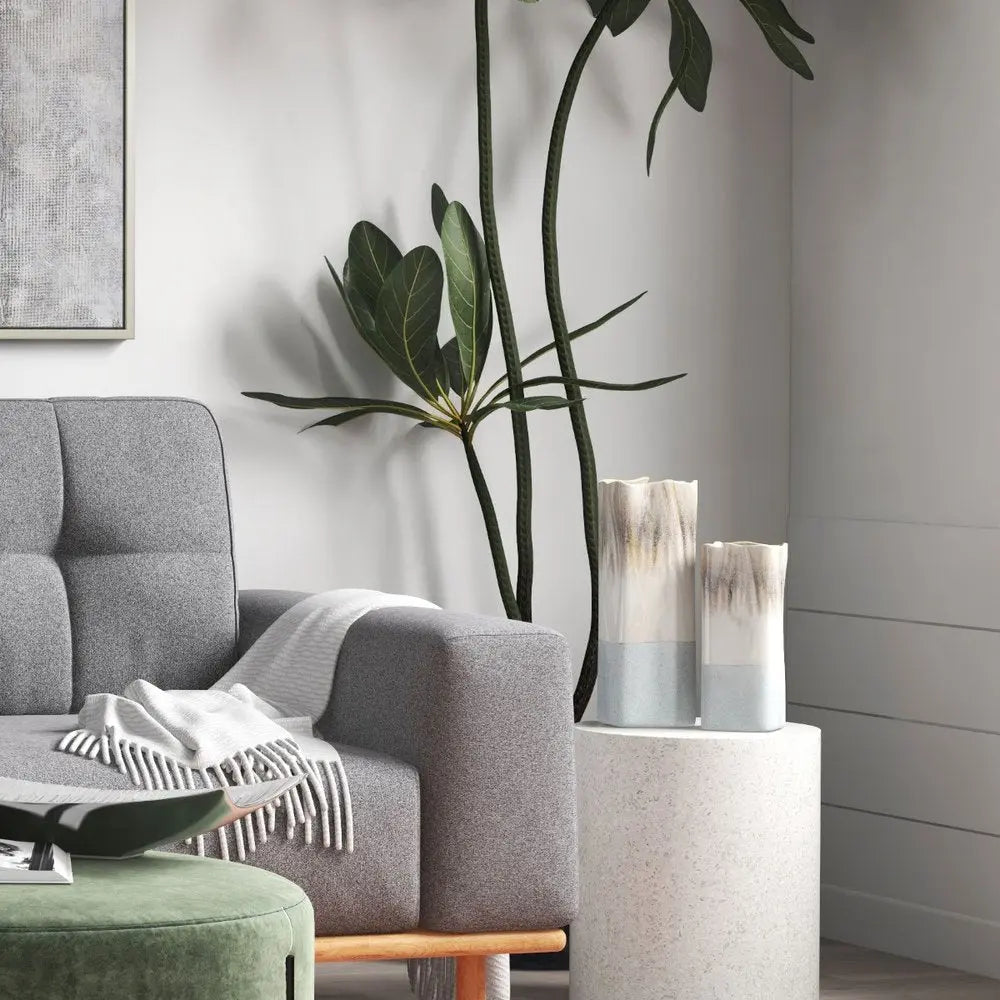 16" Brown Light Blue And Off White Color Block Square Ceramic Table Vase - NOBLE HOME INTERIORS