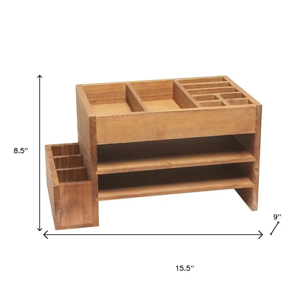 16" Brown Wood Desk Organizer - NOBLE HOME INTERIORS