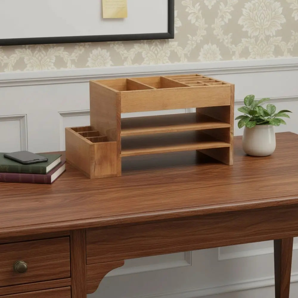 16" Brown Wood Desk Organizer - NOBLE HOME INTERIORS