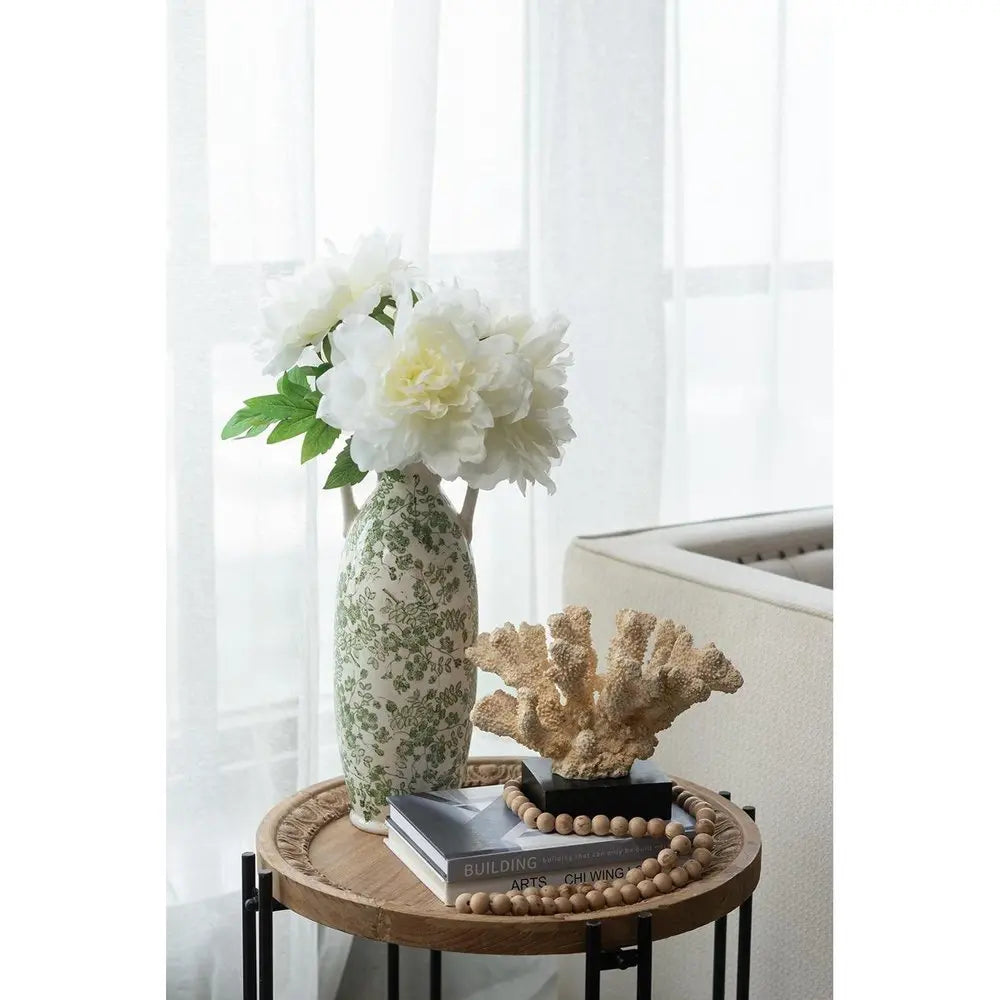 16" Green and White Leaf Amphora Ceramic Table Vase With Does Not Apply - NOBLE HOME INTERIORS