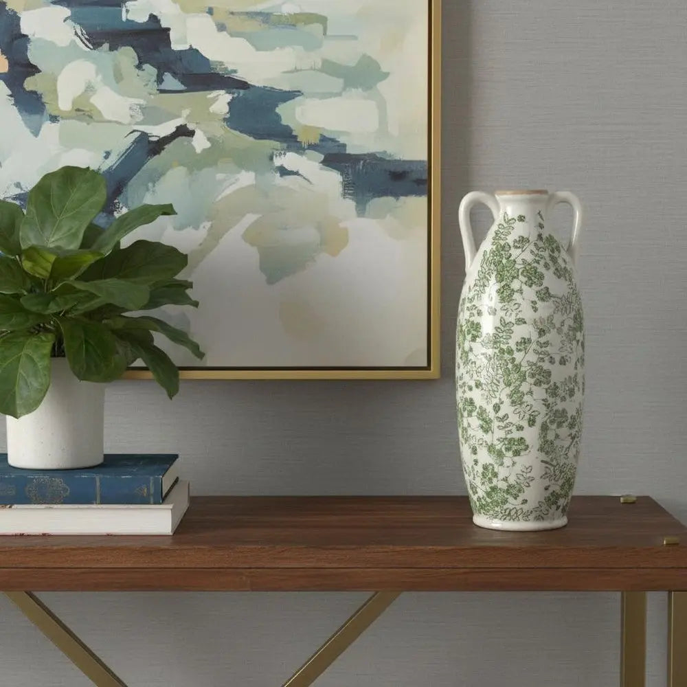 16" Green and White Leaf Amphora Ceramic Table Vase With Does Not Apply - NOBLE HOME INTERIORS