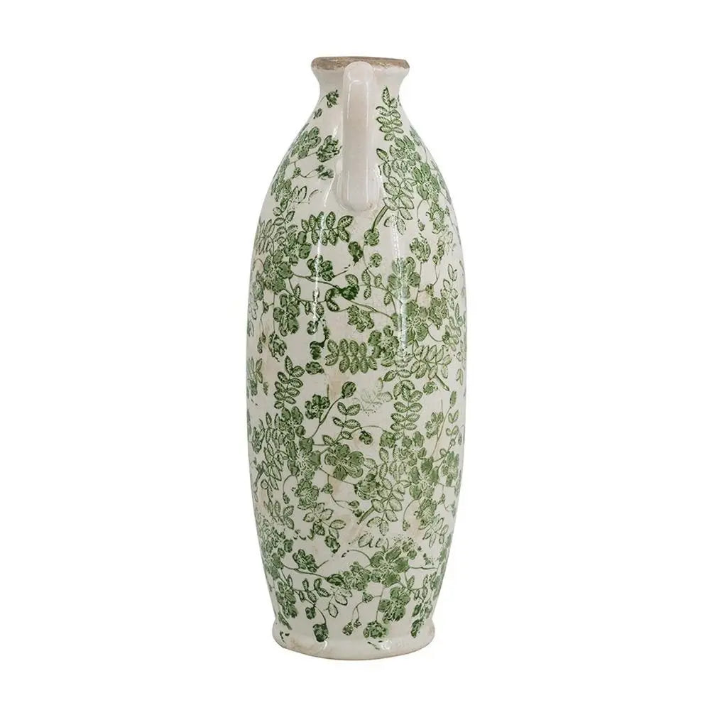 16" Green and White Leaf Amphora Ceramic Table Vase With Does Not Apply - NOBLE HOME INTERIORS