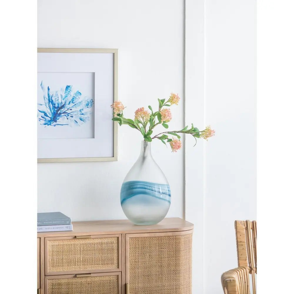 16" White And Blue Swirl Art Glass Table Vase - NOBLE HOME INTERIORS