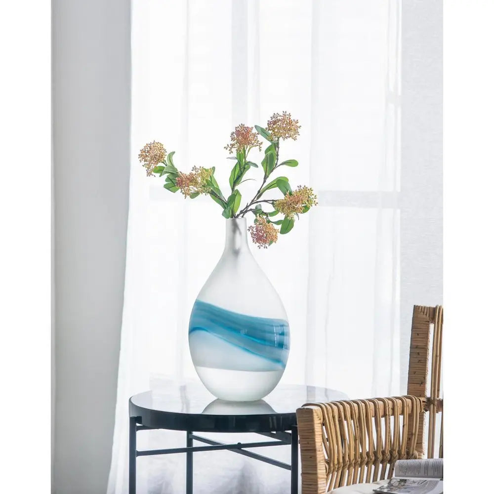 16" White And Blue Swirl Art Glass Table Vase - NOBLE HOME INTERIORS