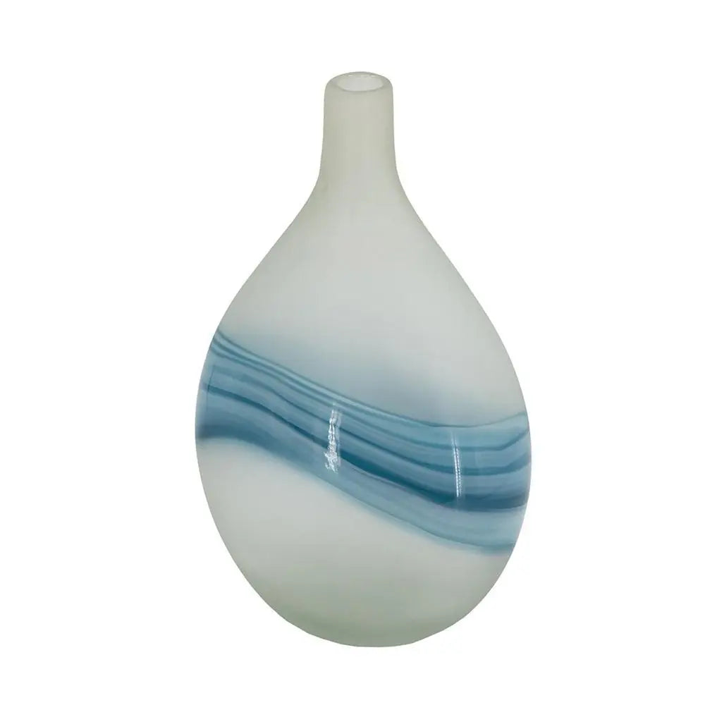 16" White And Blue Swirl Art Glass Table Vase - NOBLE HOME INTERIORS