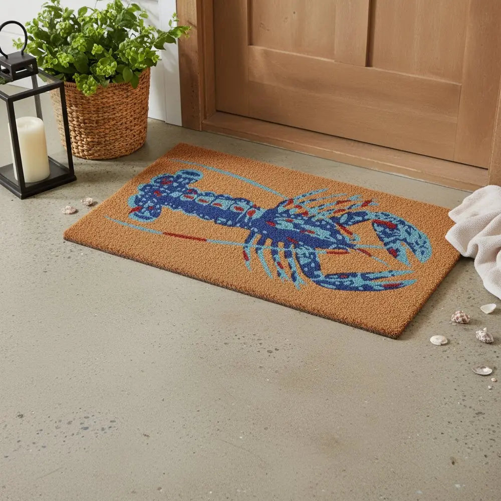 16" X 30" Blue Brown And Red Lobster Indoor Coir Door Mat - NOVA HOME FURNITURE