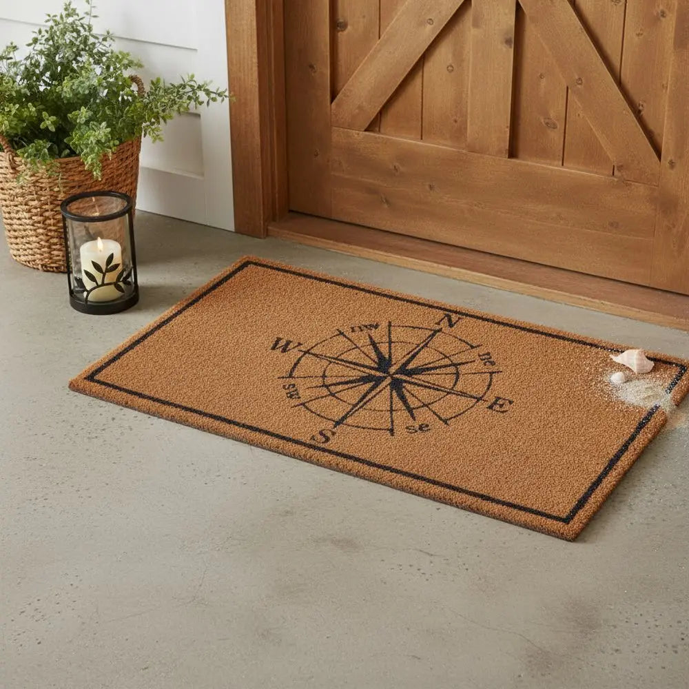 16" X 30" Light Brown And Navy Blue Compass Indoor Coir Door Mat - NOVA HOME FURNITURE