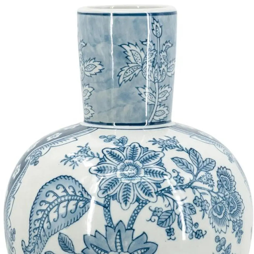 17" Light Blue And White Floral Round Porcelain Table Vase - NOBLE HOME INTERIORS
