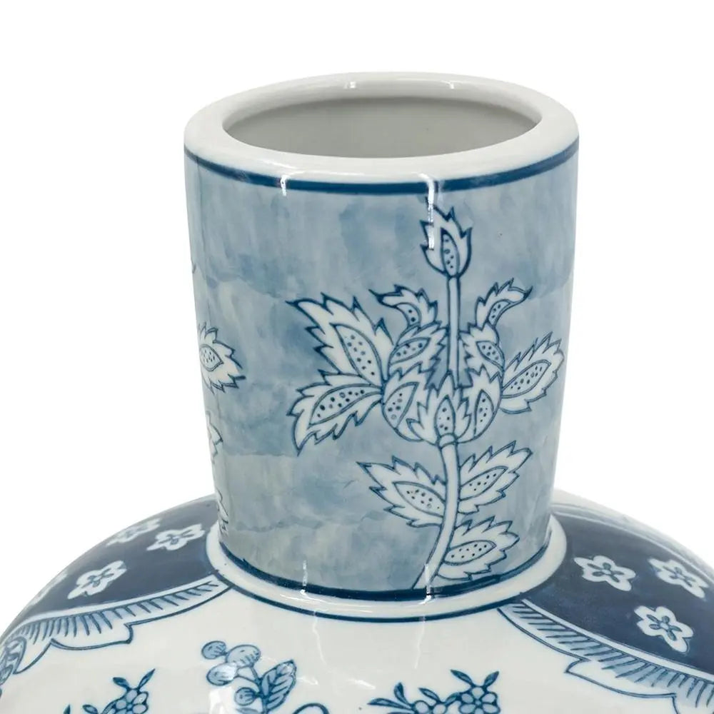 17" Light Blue And White Floral Round Porcelain Table Vase - NOBLE HOME INTERIORS