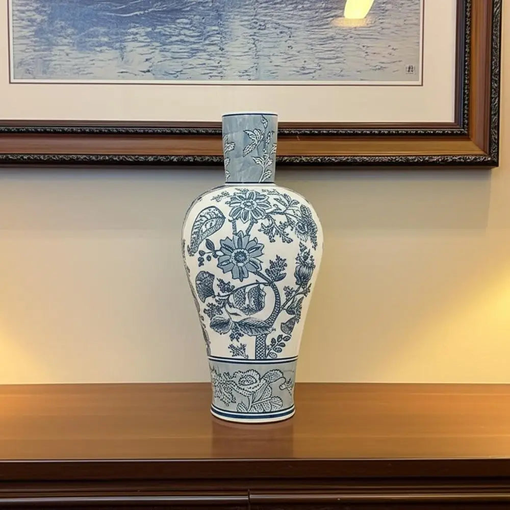 17" Light Blue And White Floral Round Porcelain Table Vase - NOBLE HOME INTERIORS