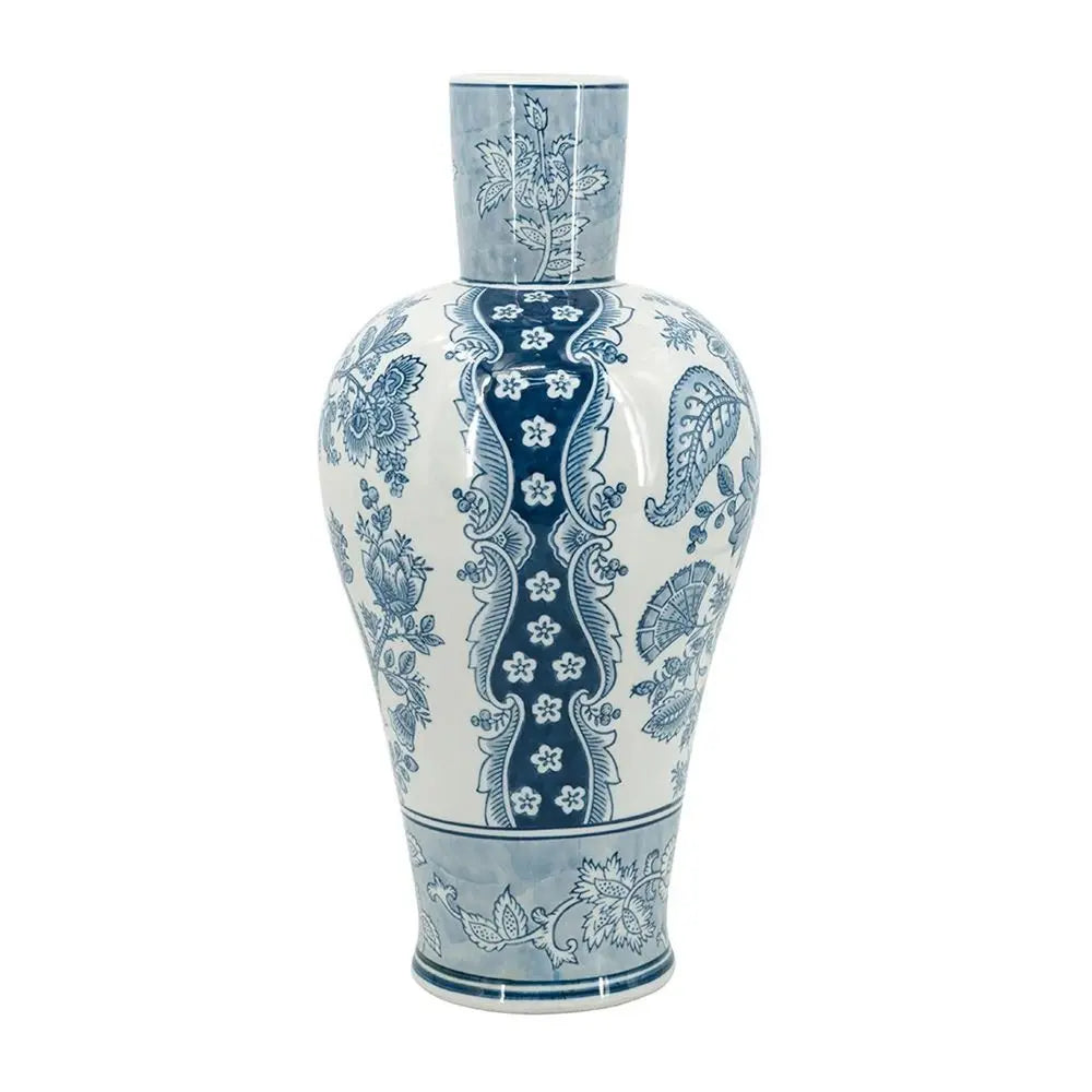 17" Light Blue And White Floral Round Porcelain Table Vase - NOBLE HOME INTERIORS