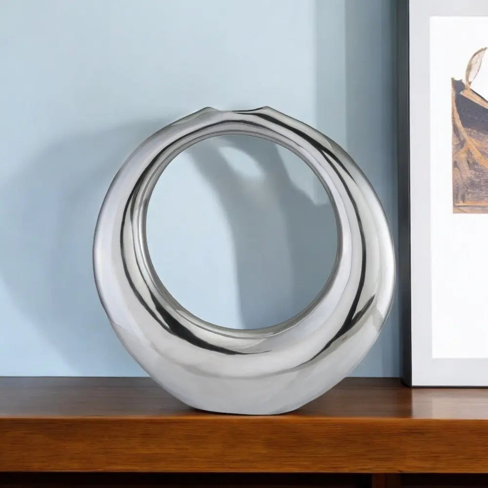 17" Silver Aluminum Ring Hoop Table Vase - NOBLE HOME INTERIORS