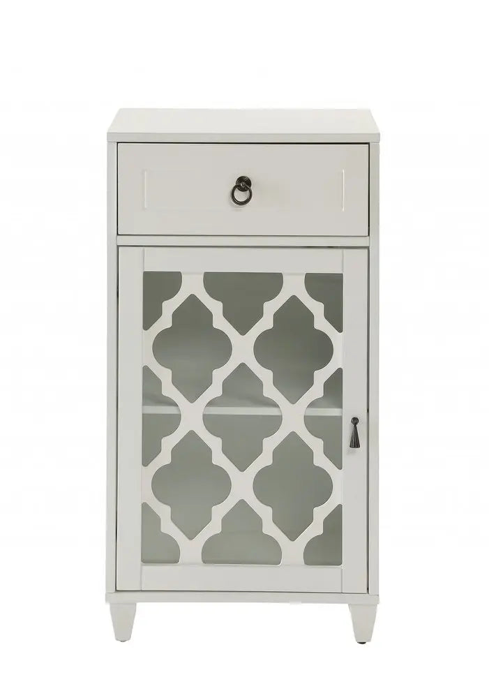 17" White Fret Work Design Glass Door Accent Cabinet - NOVA HOME FURNITURE