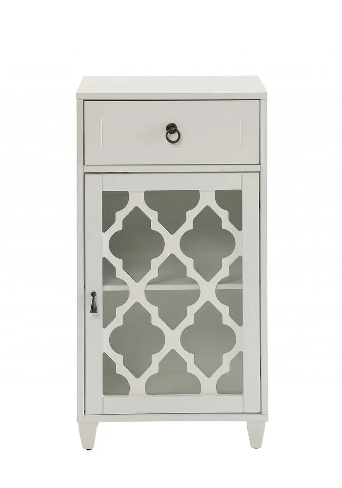 17" White Fret Work Design Glass Door Accent Cabinet - NOVA HOME FURNITURE