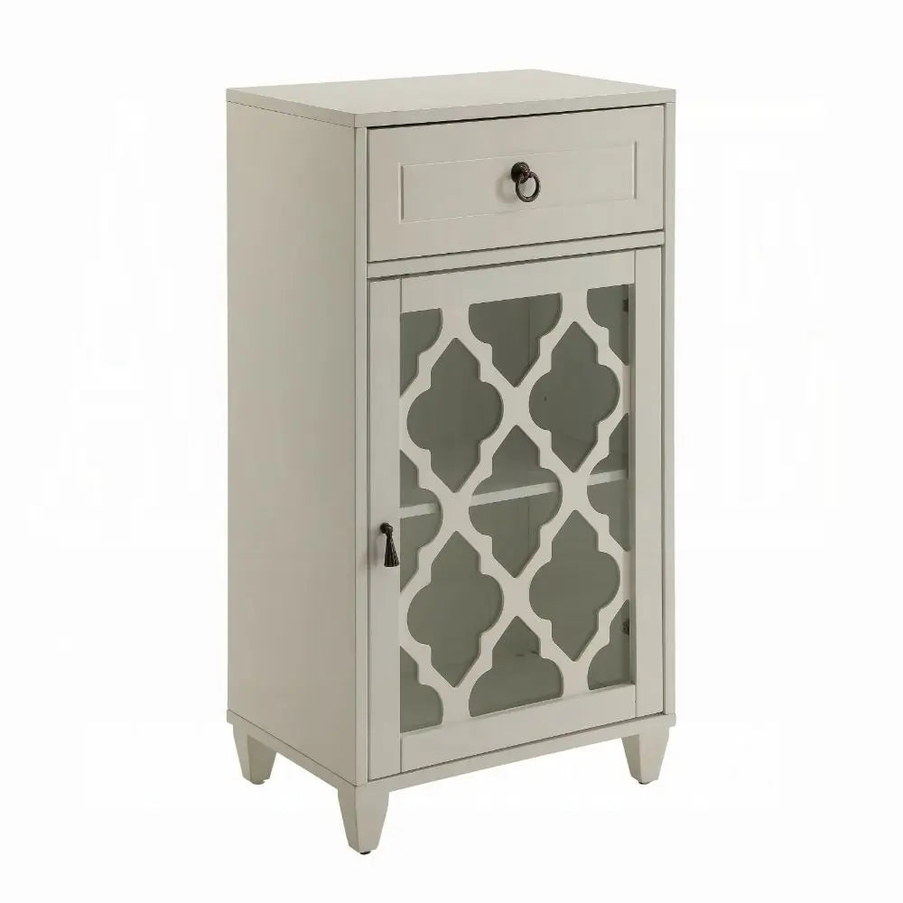 17" White Fret Work Design Glass Door Accent Cabinet - NOVA HOME FURNITURE