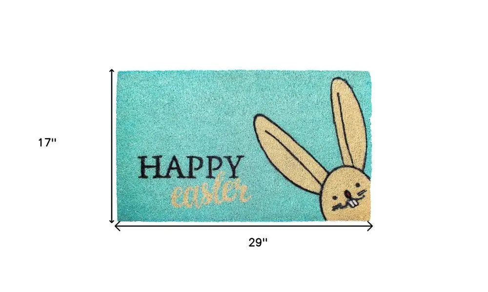 17" X 29" Aqua and Natural Coir Happy Easter Outdoor Easter Door Mat - NOBLE HOME INTERIORS