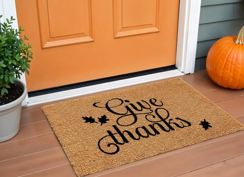 17" X 29" Black And Natural Coir Give Thanks Outdoor Door Mat - NOBLE HOME INTERIORS