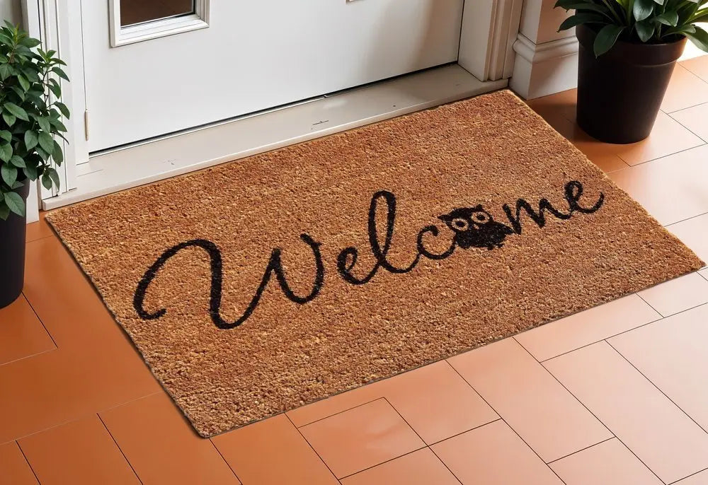 17" X 29" Black And Natural Owl Welcome Outdoor Coir Door Mat - NOBLE HOME INTERIORS