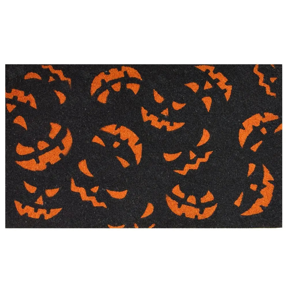 17" X 29" Black and Orange Coir Jackolantern Outdoor Halloween Door Mat - NOBLE HOME INTERIORS