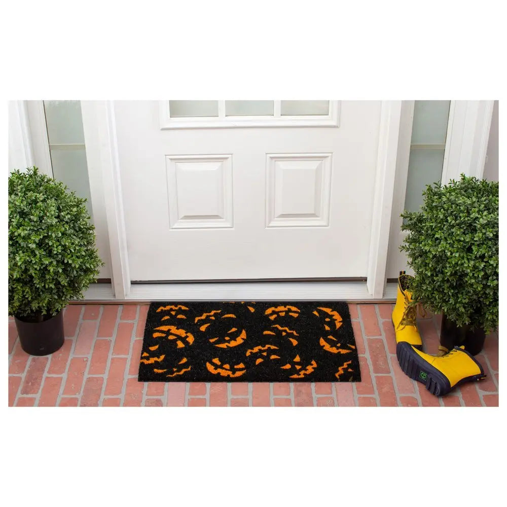 17" X 29" Black and Orange Coir Jackolantern Outdoor Halloween Door Mat - NOBLE HOME INTERIORS