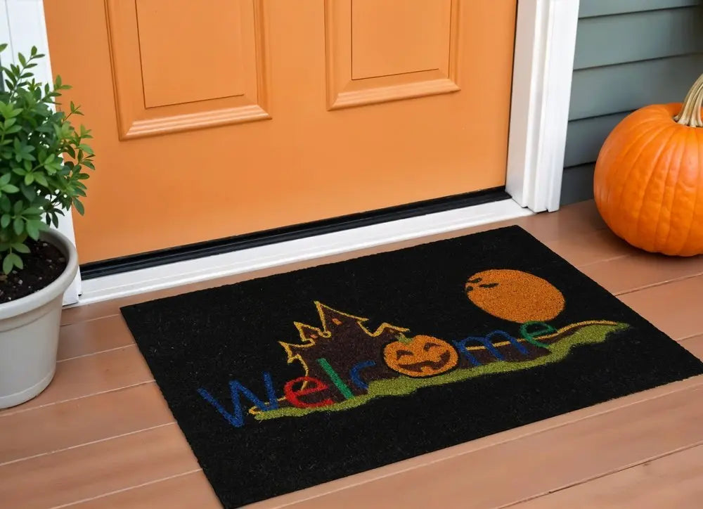 17" X 29" Black And Orange Coir Welcome Outdoor Halloween Door Mat - NOBLE HOME INTERIORS