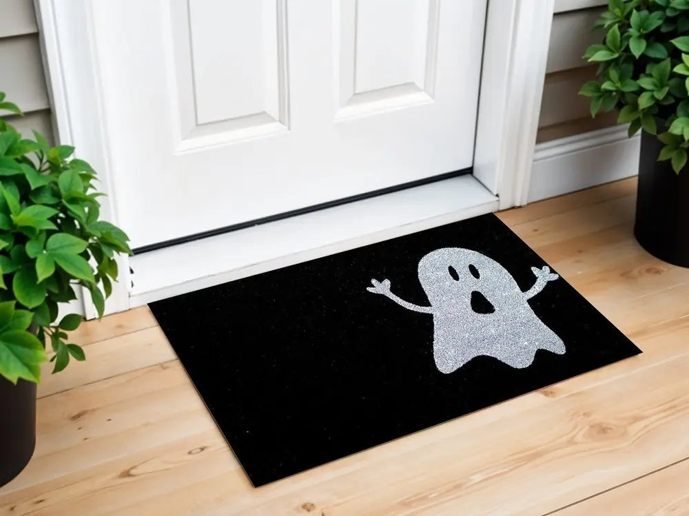17" X 29" Black And White Coir Ghost Outdoor Halloween Door Mat - NOBLE HOME INTERIORS