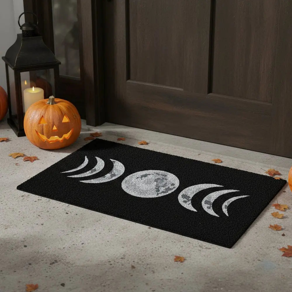 17" X 29" Black And White Phases Of The Moon Outdoor Coir Door Mat - NOBLE HOME INTERIORS