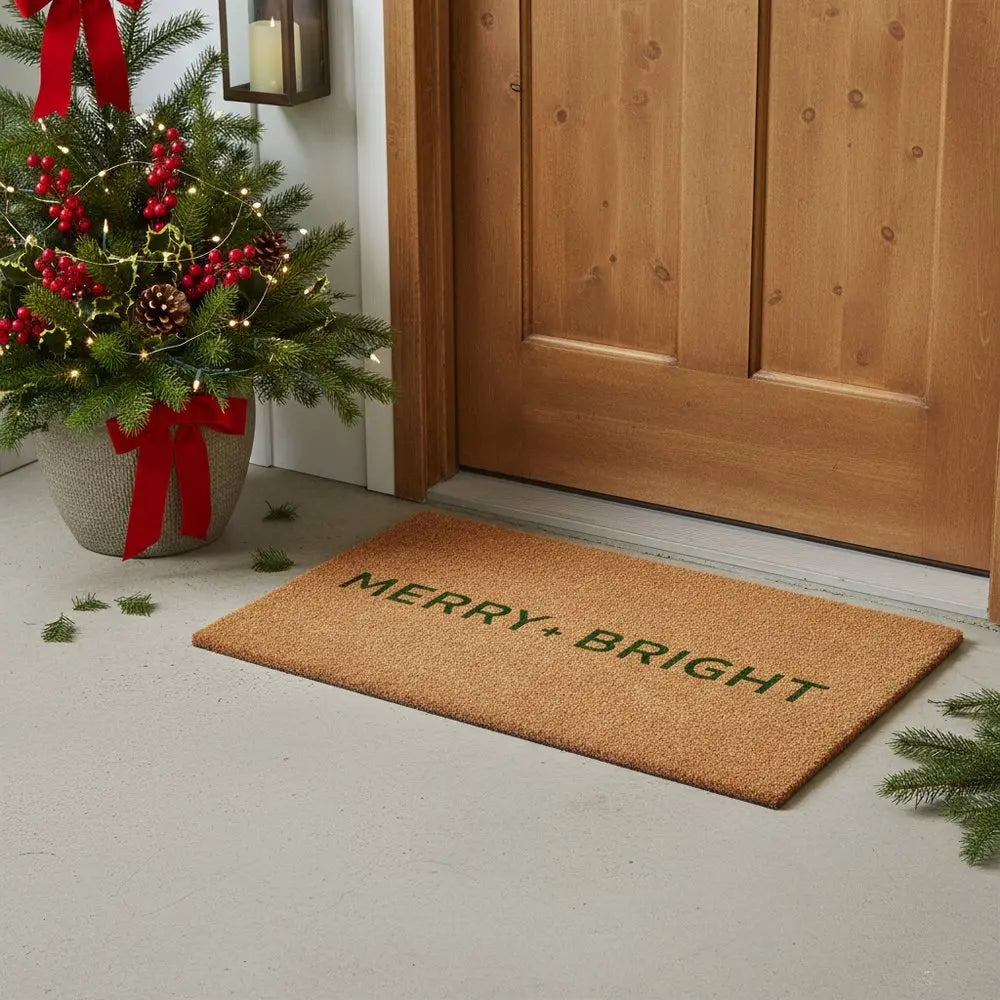17" X 29" Brown And Black Christmas Merry and Bright Outdoor Coir Door Mat - NOVA HOME FURNITURE
