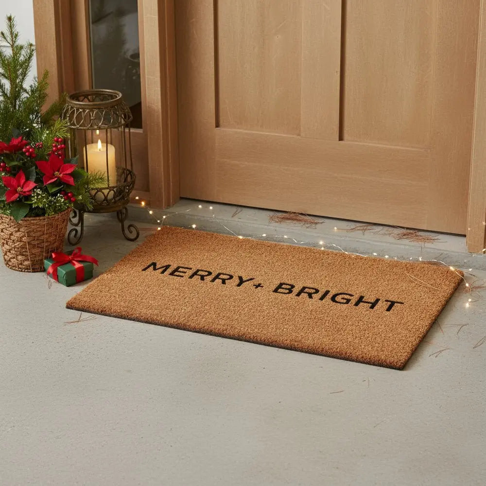 17" X 29" Brown And Black Christmas Merry and Bright Outdoor Coir Door Mat - NOVA HOME FURNITURE