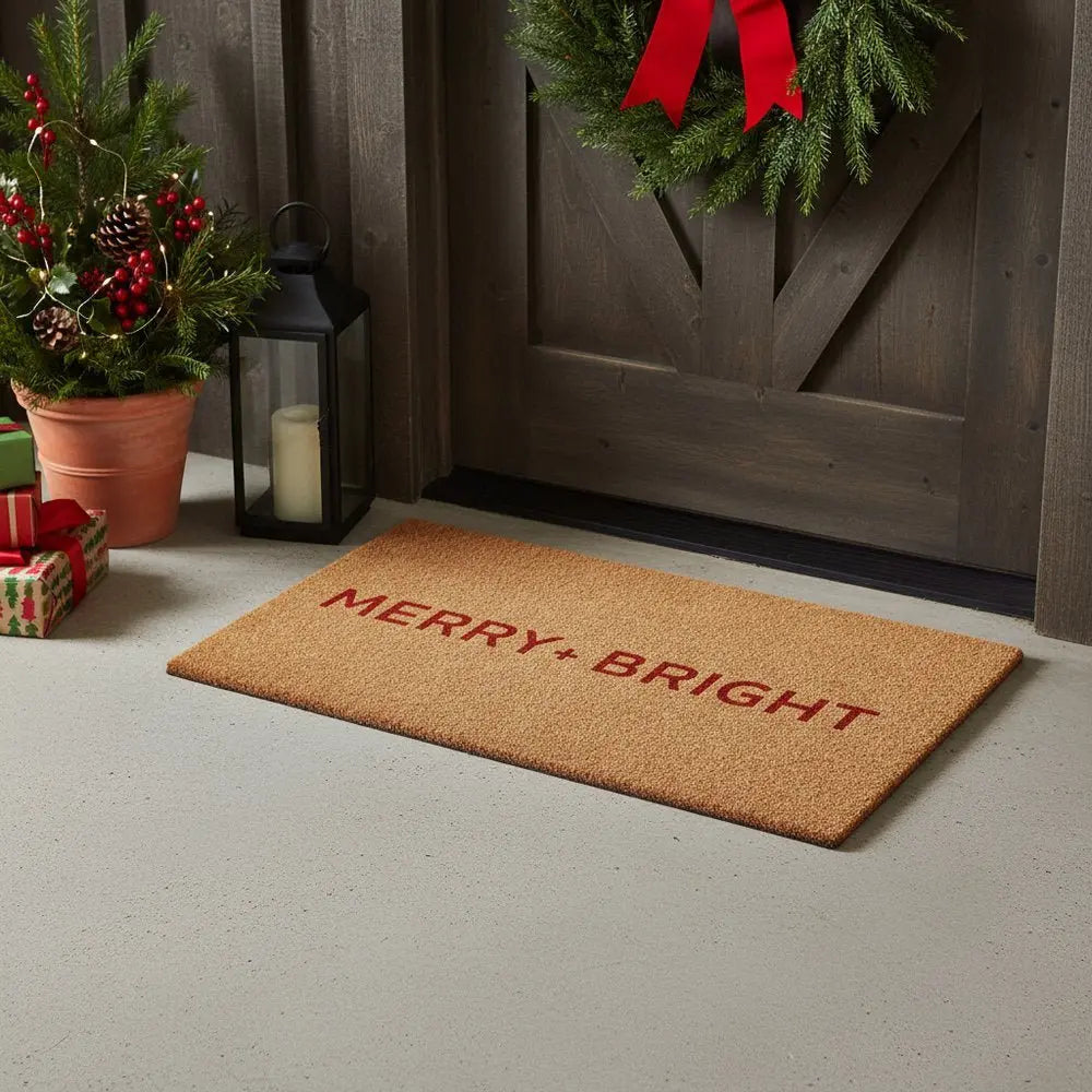 17" X 29" Brown And Black Christmas Merry and Bright Outdoor Coir Door Mat - NOVA HOME FURNITURE