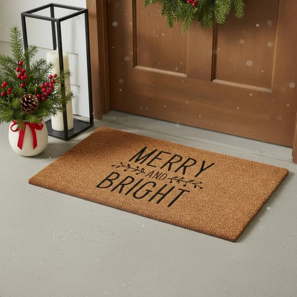 17" X 29" Brown And Black Christmas Merry and Bright Outdoor Coir Door Mat - NOVA HOME FURNITURE