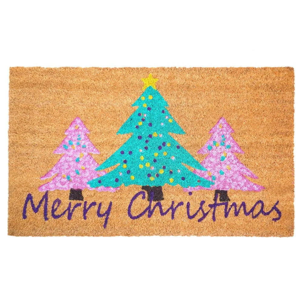 17" X 29" Brown Green And Pink Christmas Trees Merry Christmas Outdoor Coir Door Mat - NOVA HOME FURNITURE